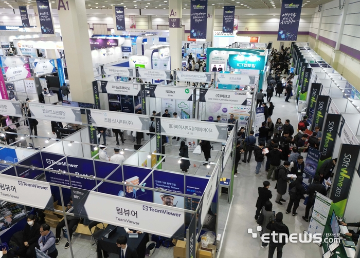 대한민국 대표 소프트웨어·정보통신기술 비즈니스 박람회인 소프트웨이브 2023이 전자신문 주최로 11월 29일 서울 삼성동 코엑스에서 열렸다. 전시장이 부스를 둘러보는 관람객들로 붐비고 있다. 김민수기자 mskim@etnews.com