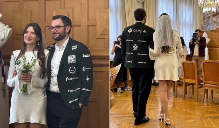 프랑스의 한 남성이 자신의 결혼식 예복에 기업 광고를 넣어 결혼식 비용을 마련했다. 사진=엑스(@dagorenouf) 캡처