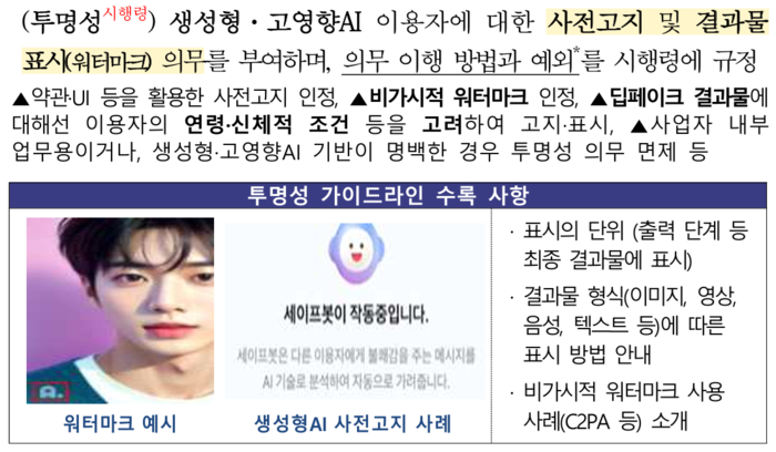 인공지능(AI)기본법 시행령 안전·신뢰 의무 관련 결과물 표시 의무 방향. 과기정통부 제공